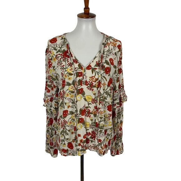 Indigo Poppy Blouse XL Floral Long Sleeve Lightweight Romantic - Picture 1 of 7